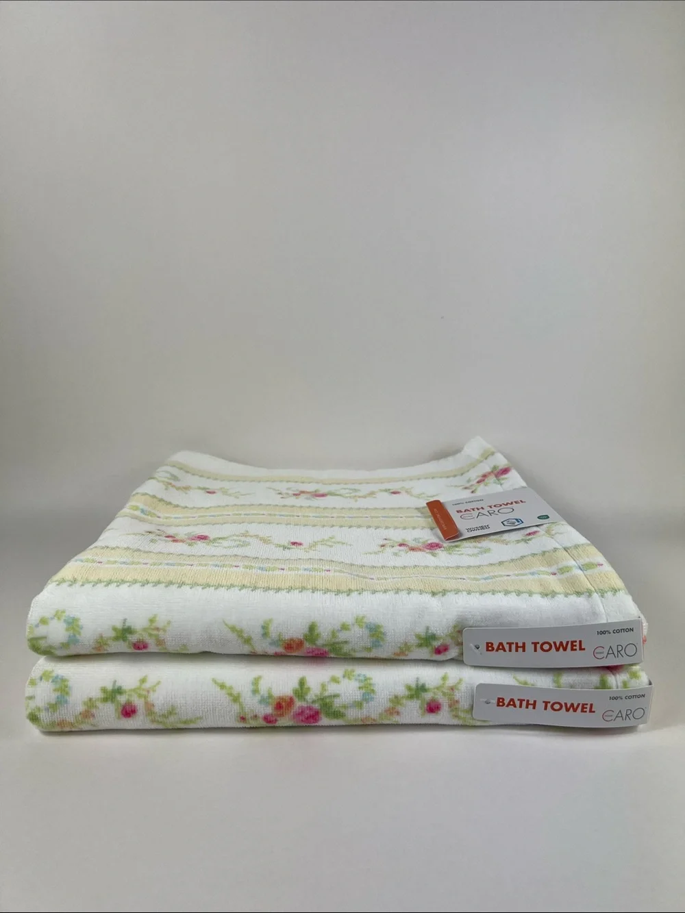 Caro Home Bath Towel Set Floral Stripe White & Yellow Cotton Velour Set of 2 NEW